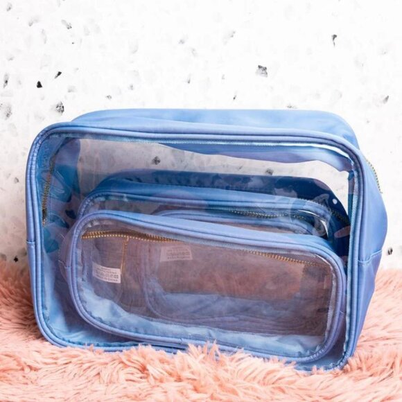 TRAVEL TIME Clear Travel Toiletry Bag Set 4 Piece Blue Cosmetic Makeup Organizer - Picture 2 of 2